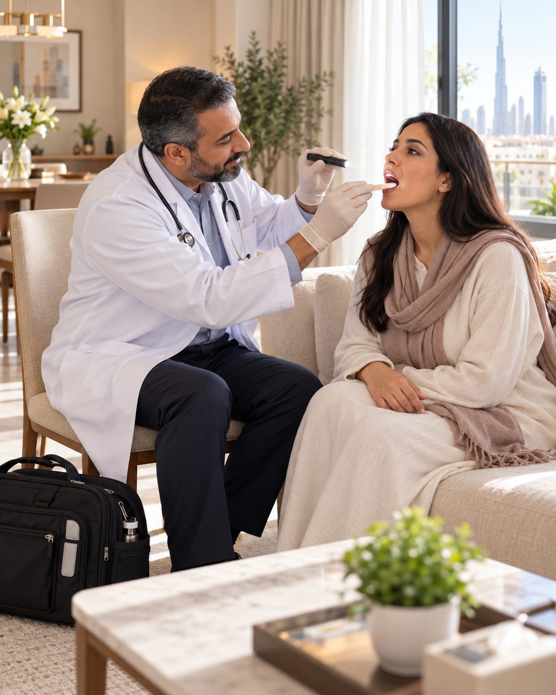 A doctor examining a patient during a home visit in Dubai