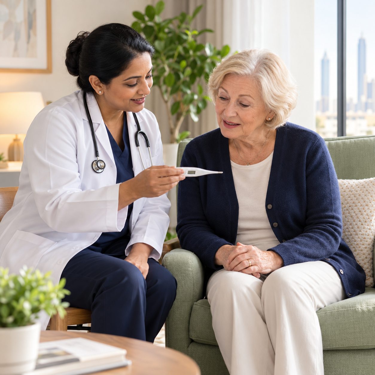A doctor showing a thermometer to an older woman during a home visit