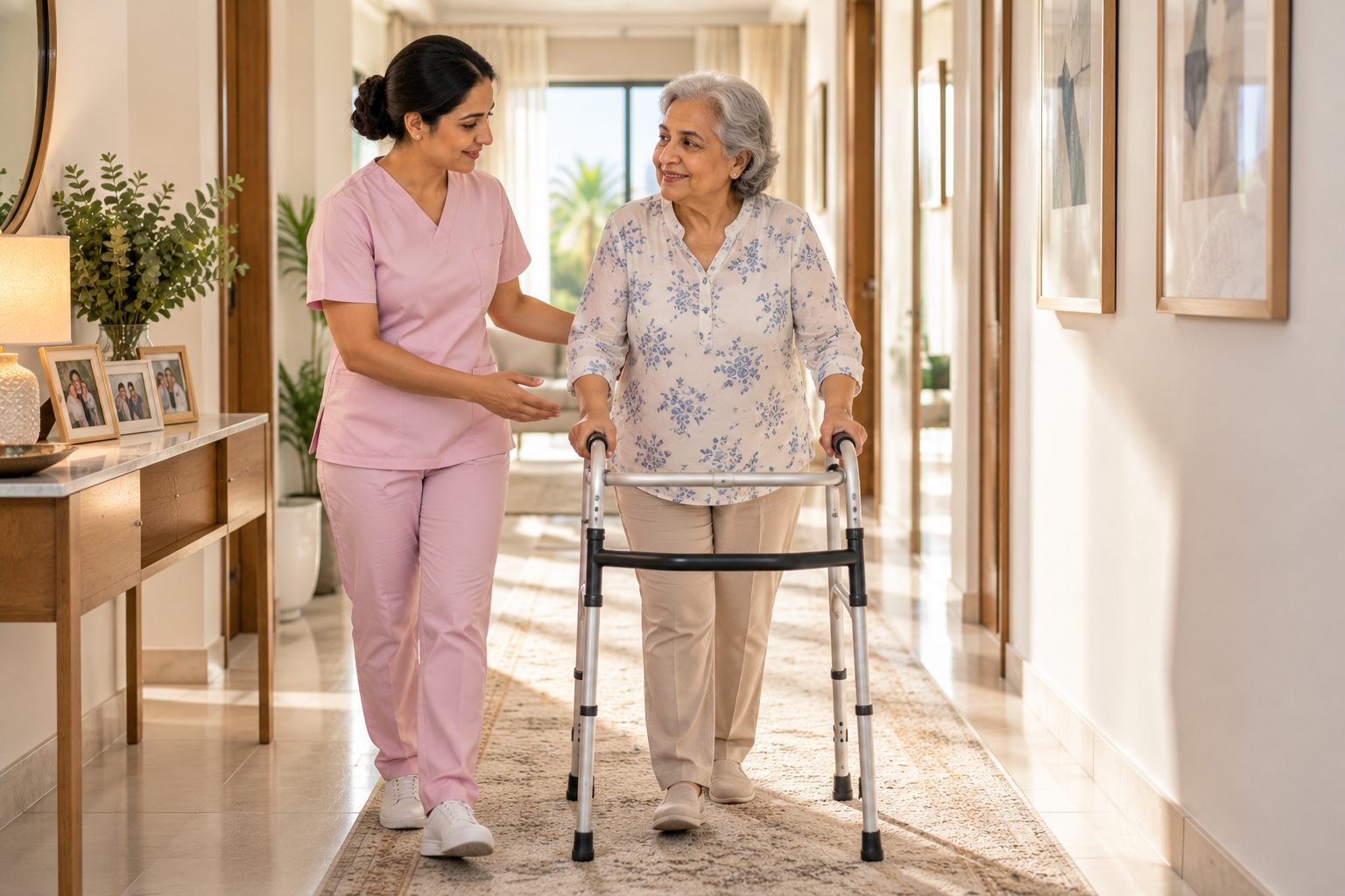 A caregiver walking with an older adult using a walker at home