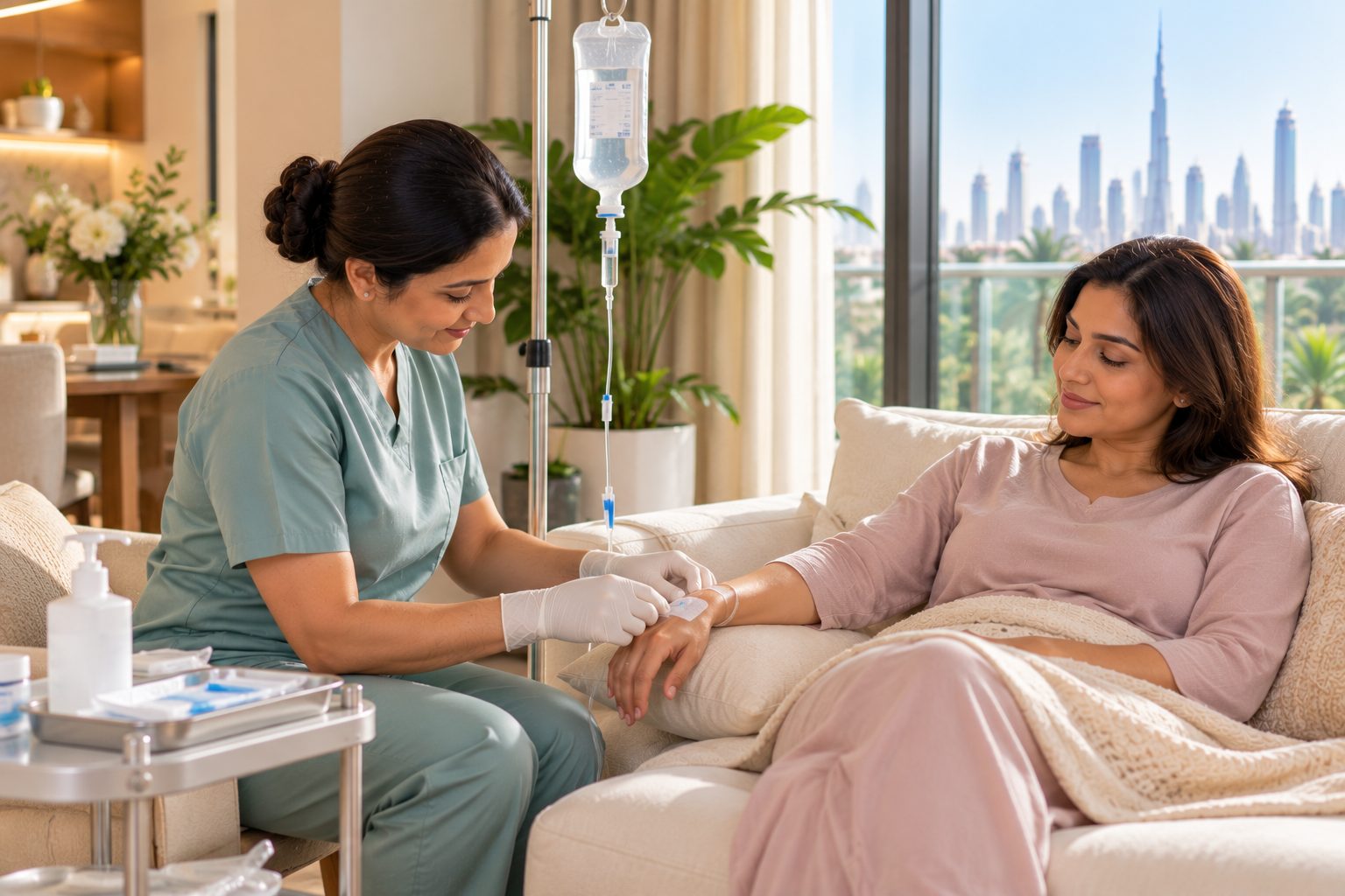 A nurse checking an IV line for a patient relaxing at home