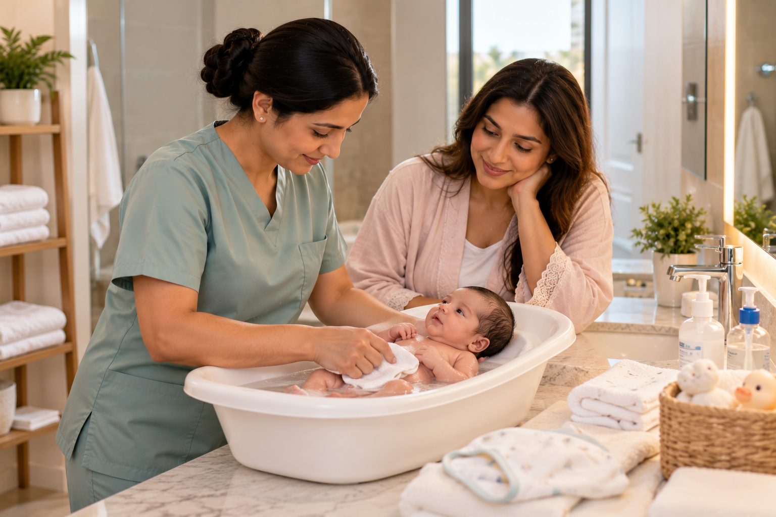A postnatal nurse demonstrating a baby bath while mum watches