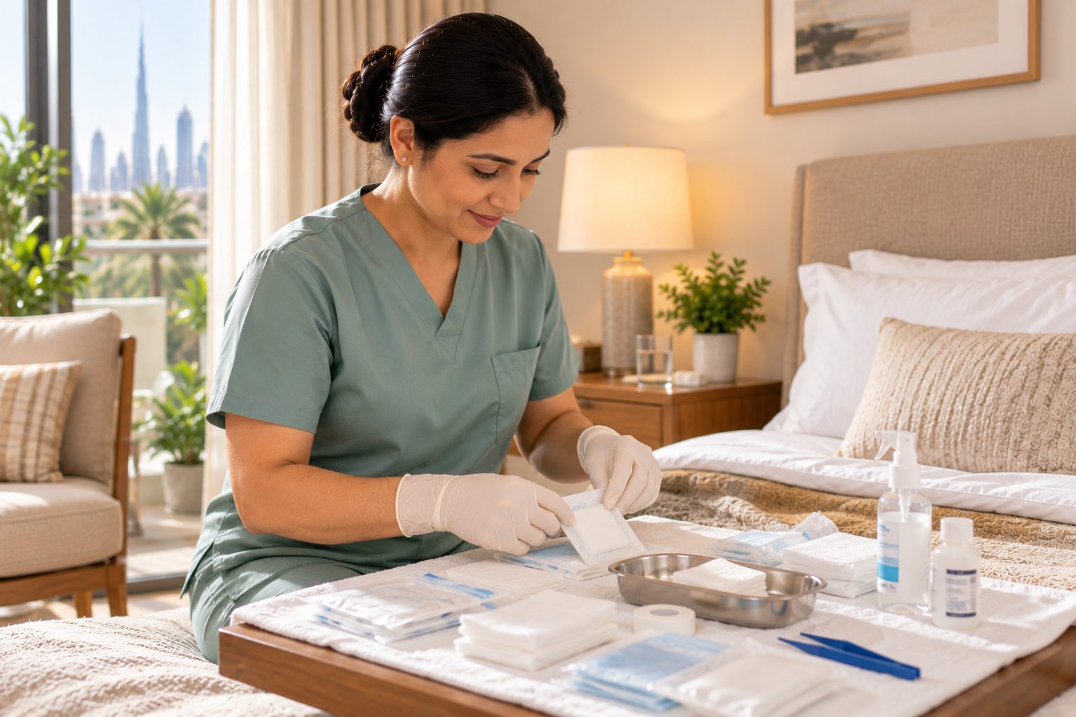 A nurse preparing wound-care supplies at a patient's bedside