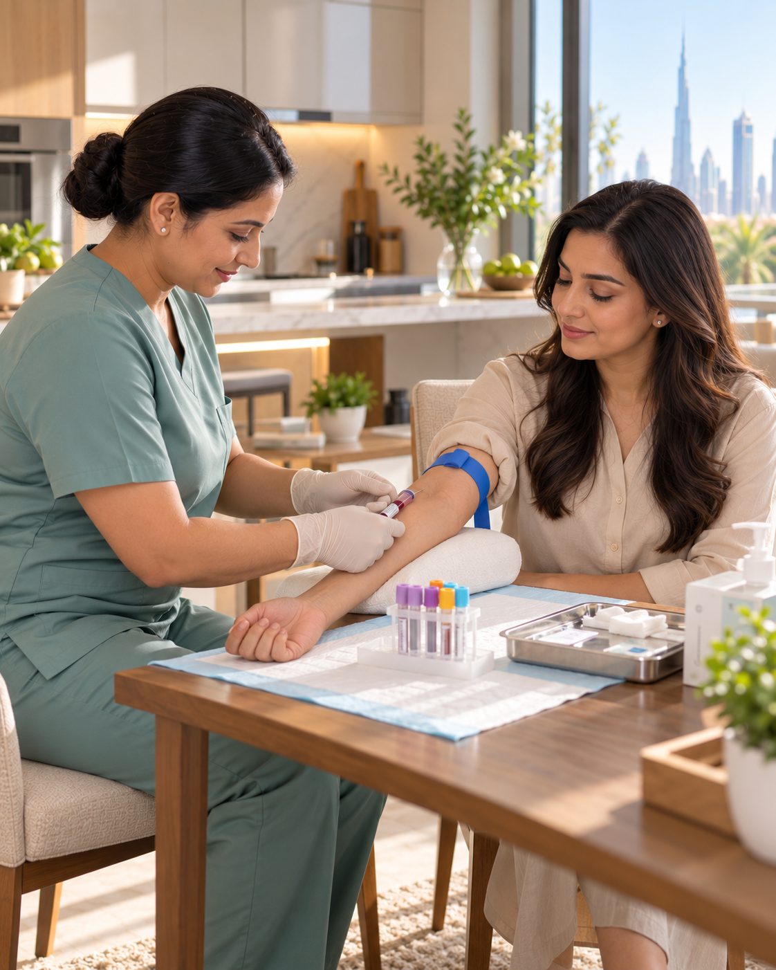 A clinician collecting a blood sample at a dining table at home