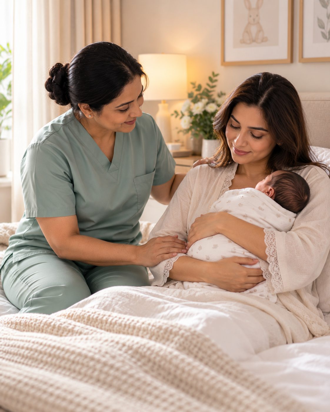 A postnatal nurse supporting a new mother holding her newborn at home