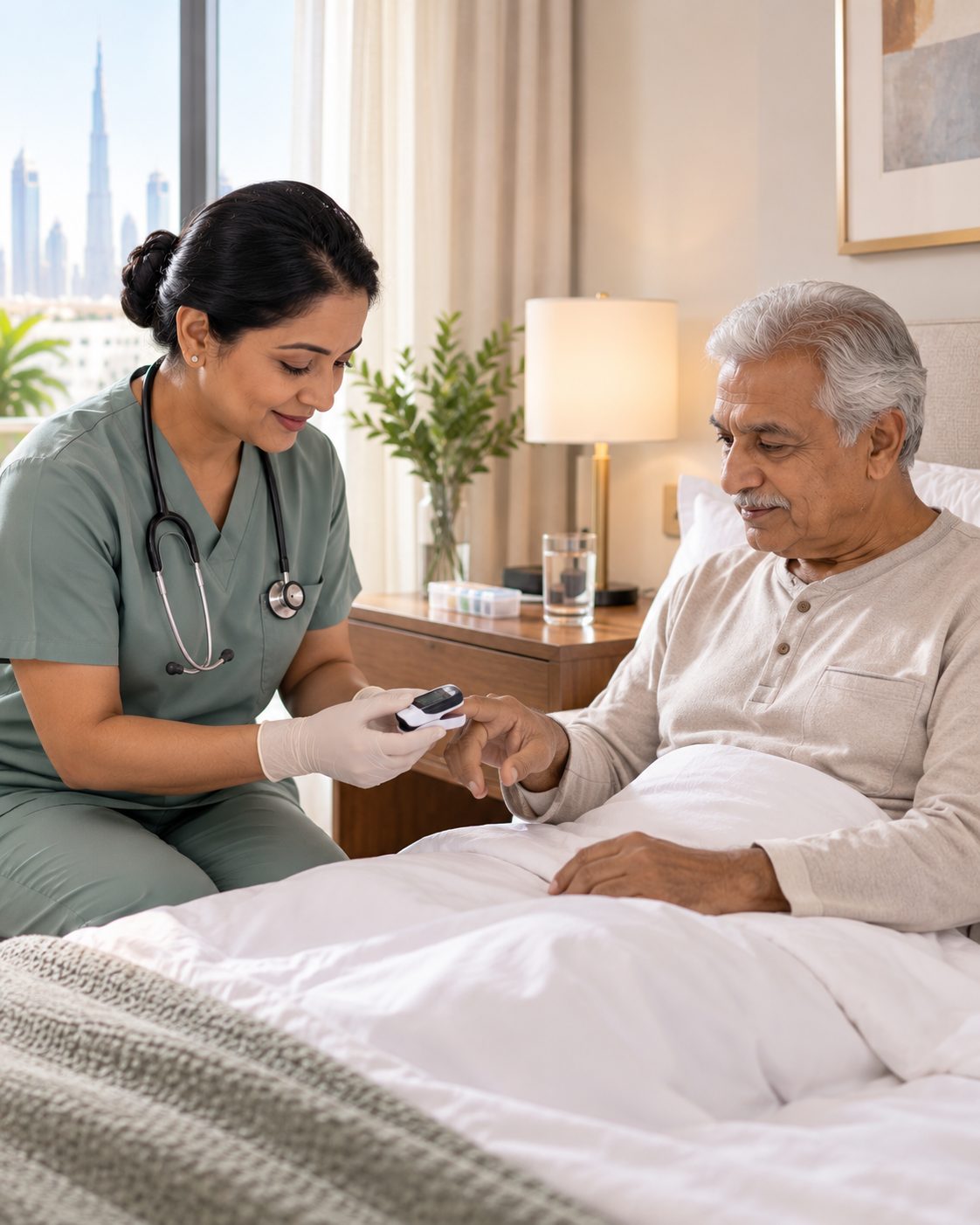 A nurse checking an older patient's oxygen level at the bedside