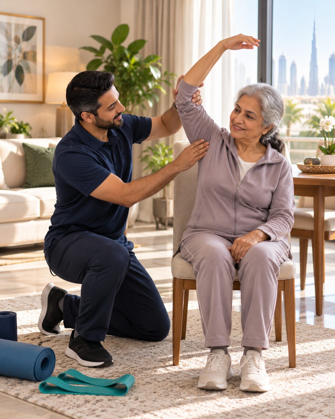 A physiotherapist guiding an older woman through an arm stretch at home