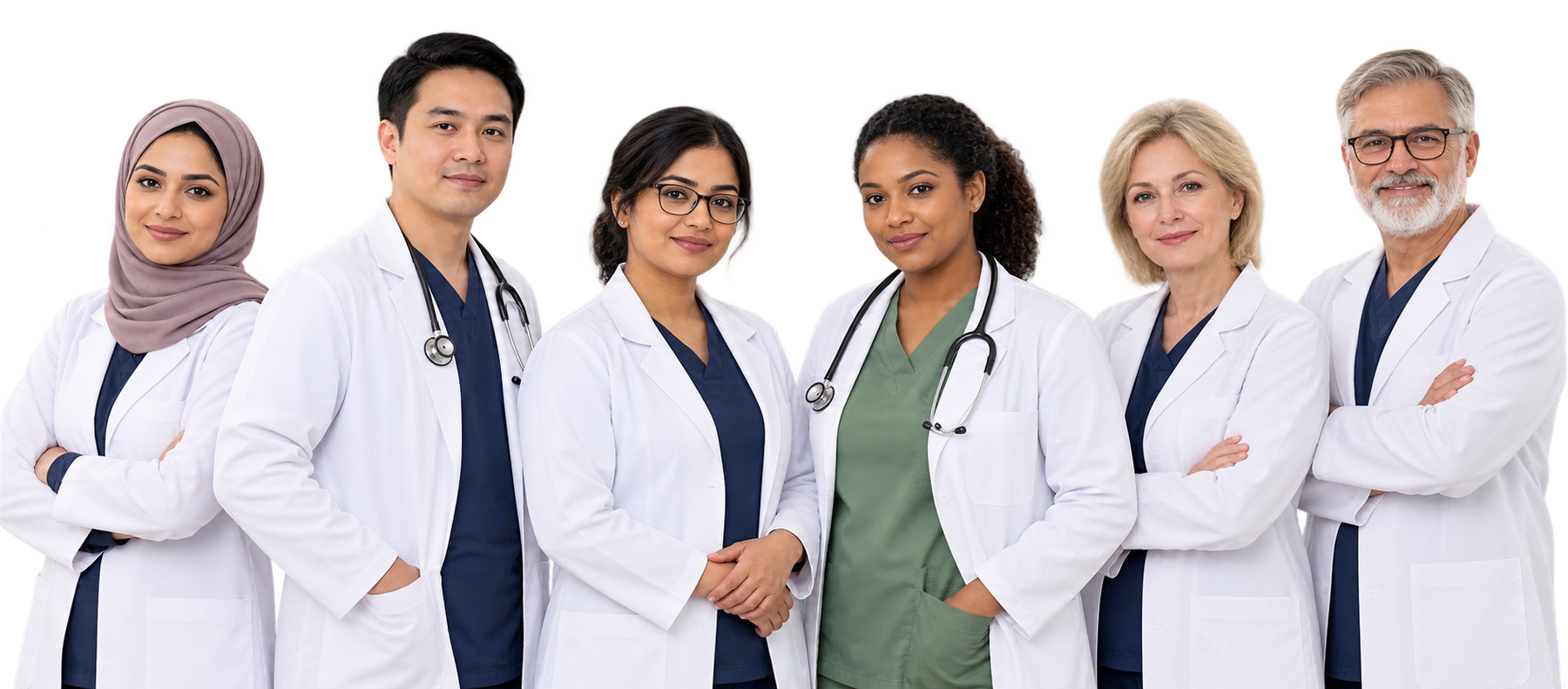 Six members of the Oxford Home Care team standing together in white coats