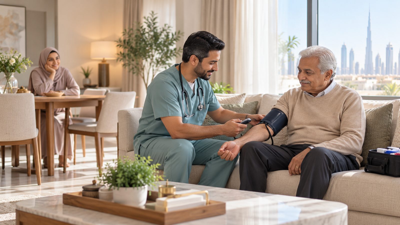 A nurse taking an older man's blood pressure in a sunlit living room while a family member looks on