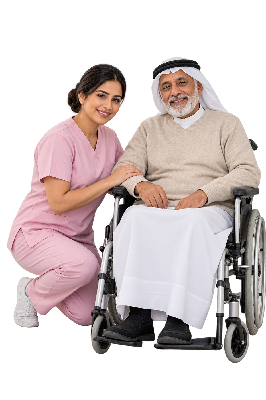 A caregiver smiling beside an older man seated in a wheelchair