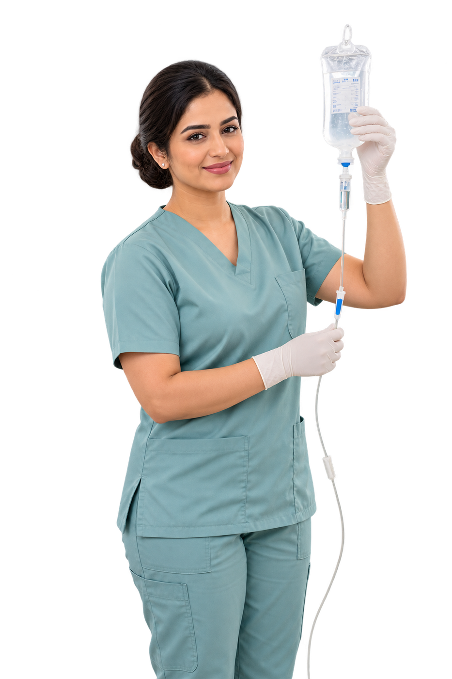 A nurse holding an IV bag ready for home infusion