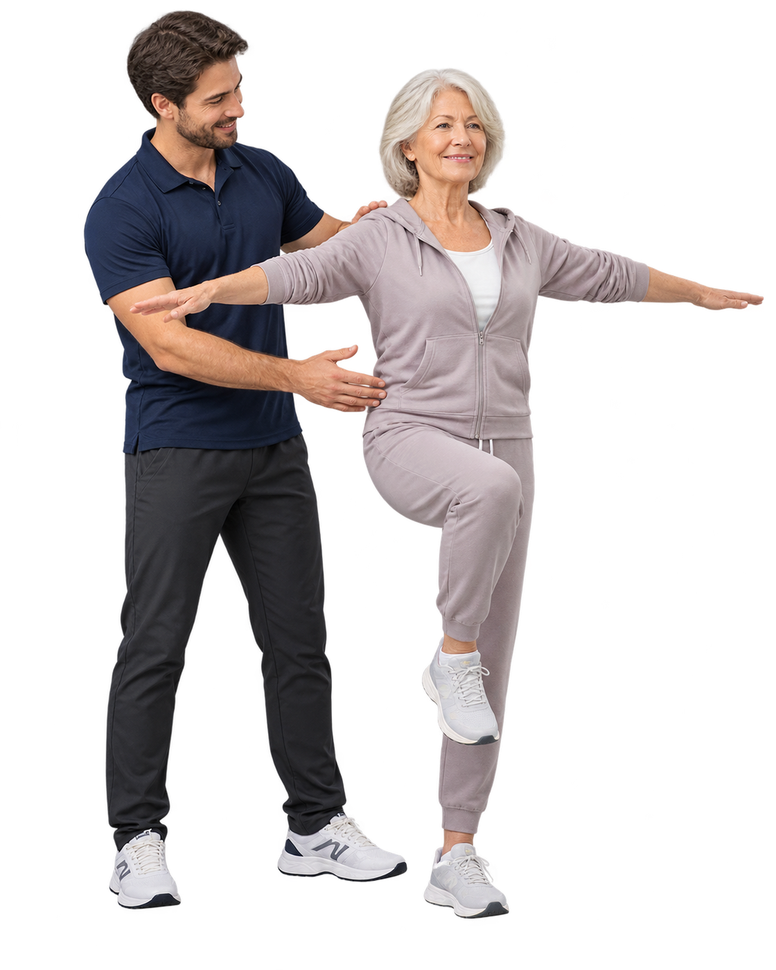 A physiotherapist guiding an older woman through a balance exercise